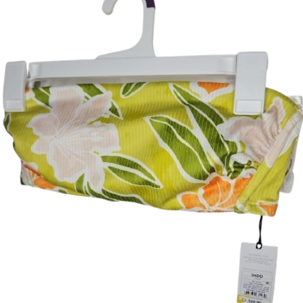 Shade & Shore Bikini Top Women 34DD Ribbed Hidden Underwire Bandeau Floral Print